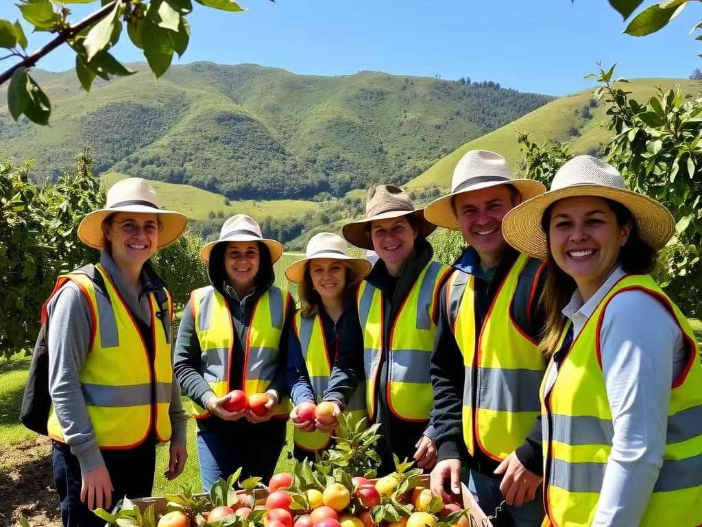 A team of workers in high-vis vests in a New Zealand orchard