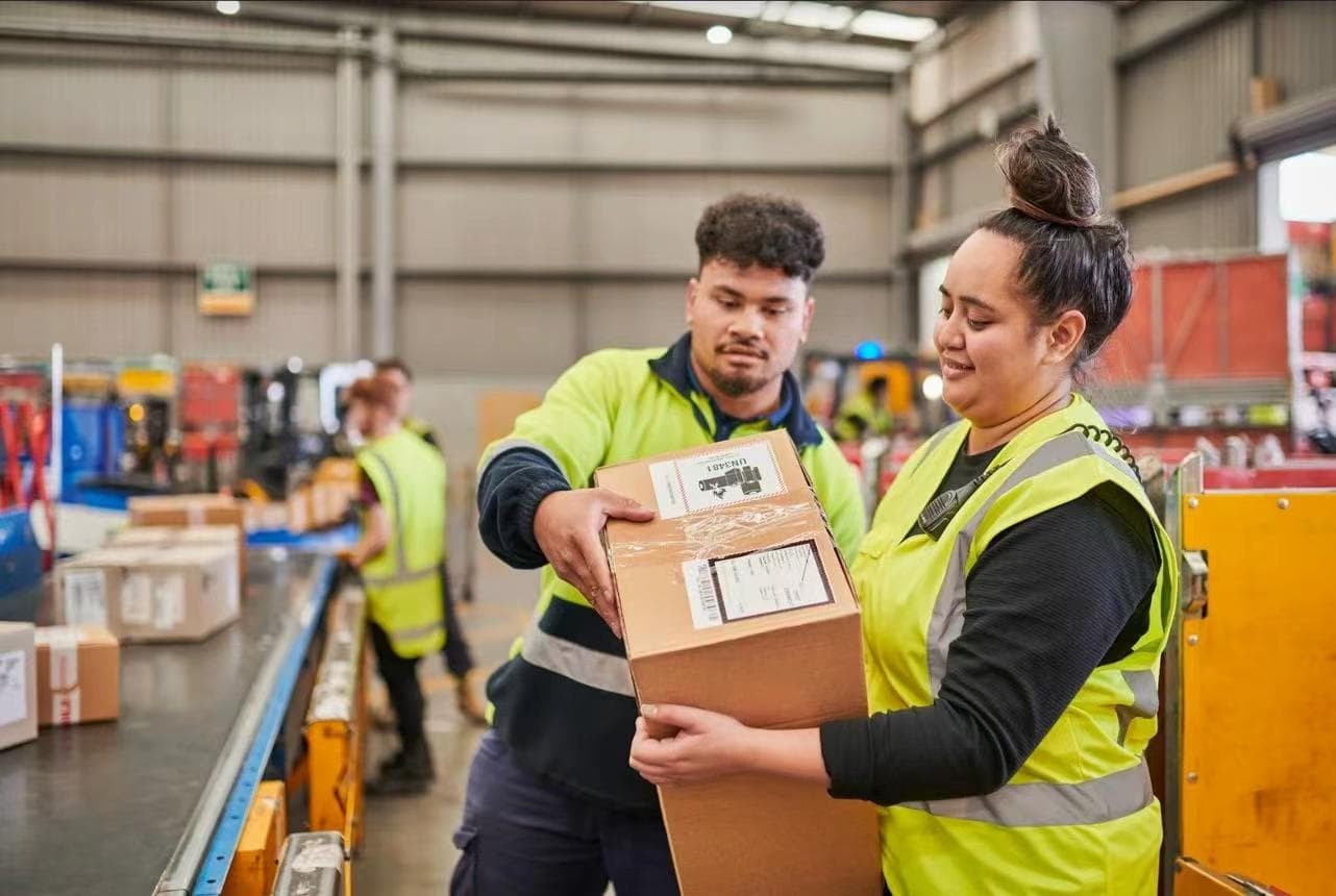 Warehouse workers handling parcels on a conveyor